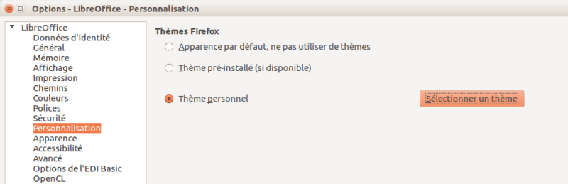 Fenêtre de personnalisation de LibreOffice dans les options